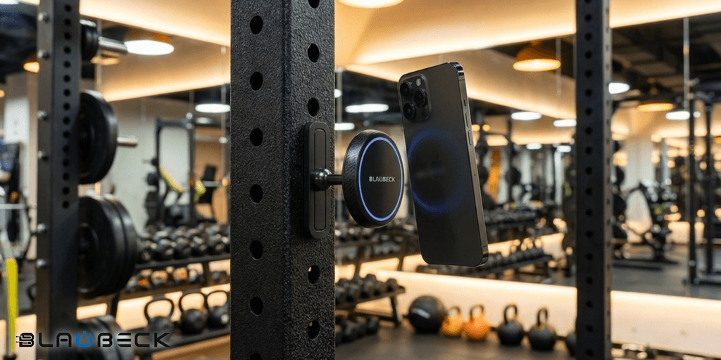 Blaubeck magnetic phone mount securing a phone to gym equipment, emphasizing convenience and hands-free functionality.