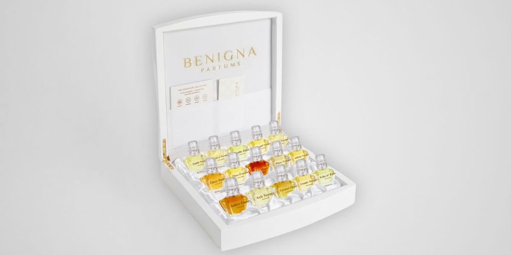 Perfume box from Benigna Parfums' Adventure Collection, featuring elegant design and branding.
