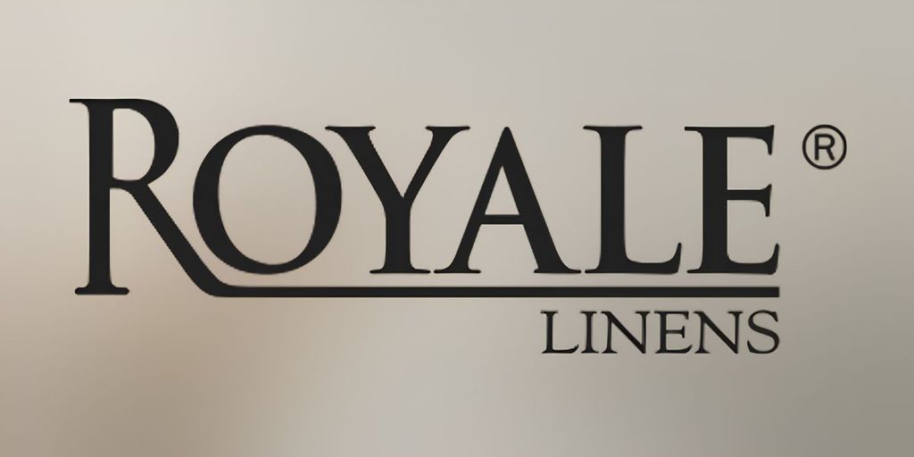 Text "Royale Linens" in elegant black serif font on a soft beige background. The tone conveys luxury and sophistication, enhanced by a registered trademark symbol.