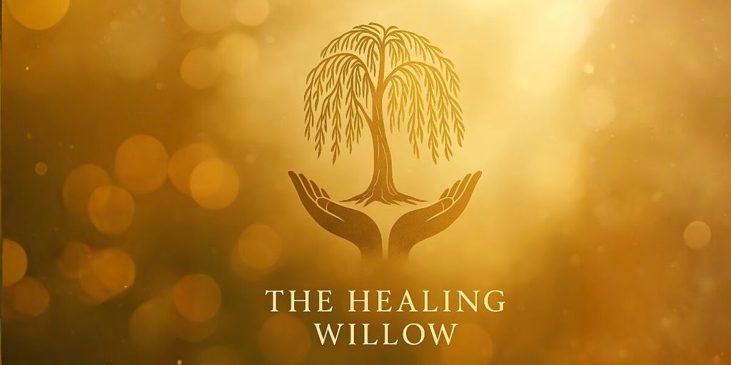 The Healing Willow logo featuring a willow tree held by open hands on a gold background.