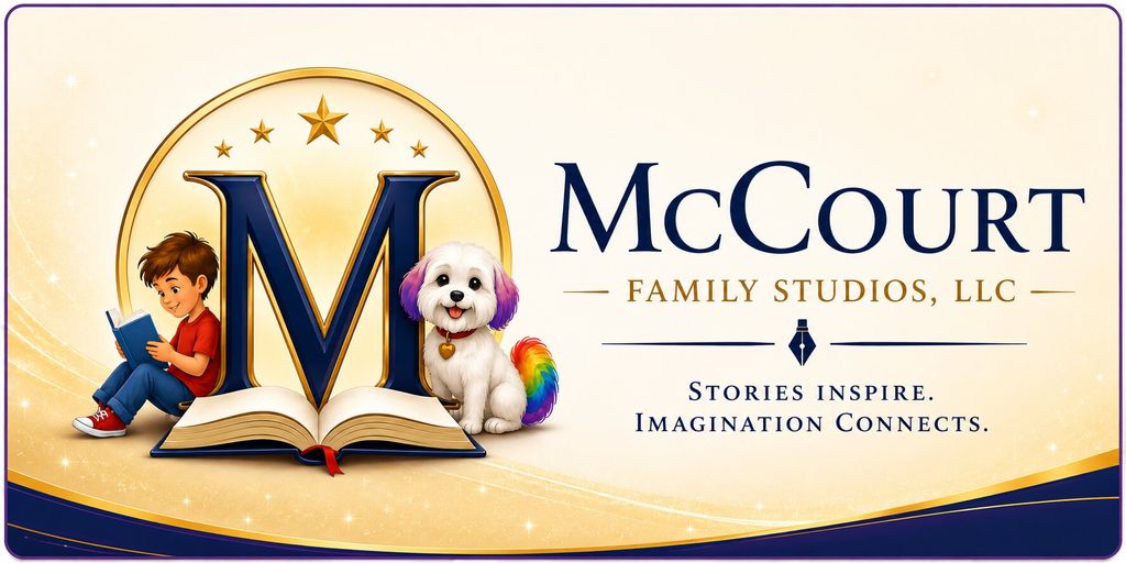 McCourt Family Studios logo featuring an open book, reading child, and Billie the rainbow-tailed dog.