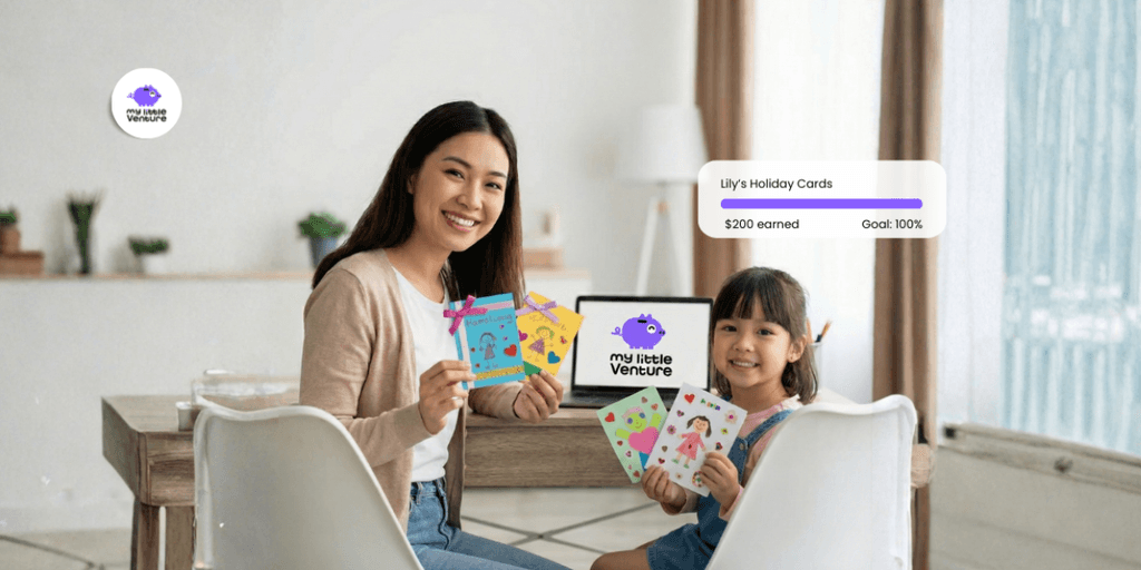 Mother and daughter proudly display handmade cards while tracking progress toward a family goal.