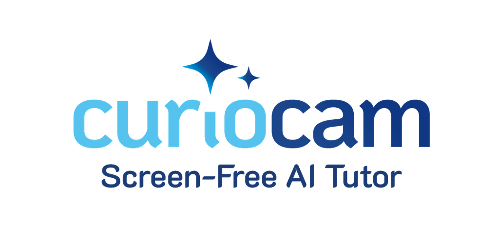 CurioCam™ logo with gradient blue typography, featuring a star-like element above the "r" and "i," and the tagline "Screen-Free AI Tutor.