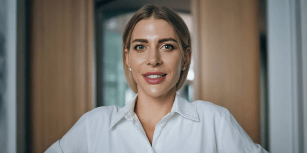 Alina Palii, a confident and poised marketing strategist, poses with a serene expression, reflecting her leadership philosophy.