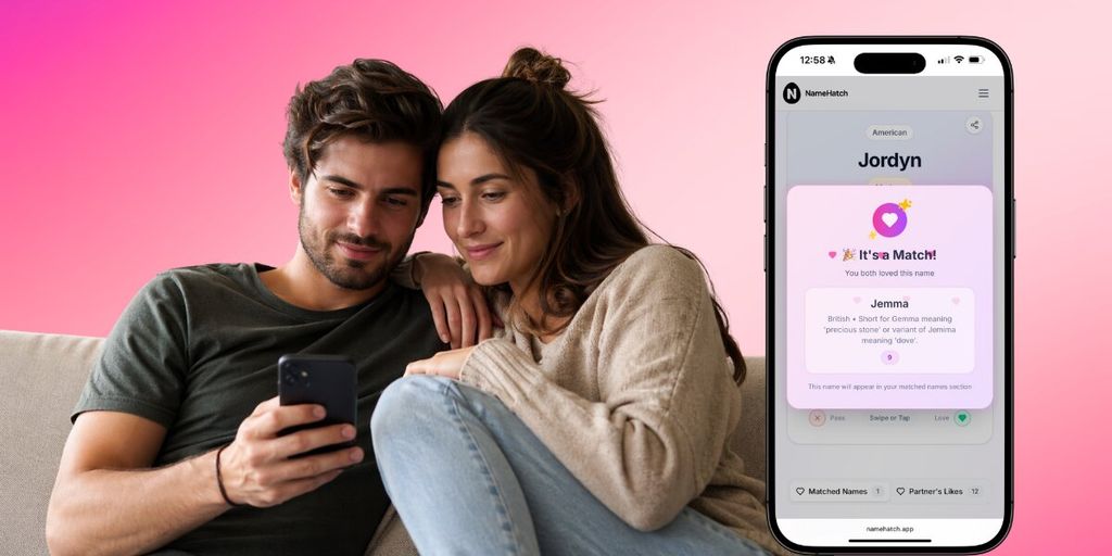 Couple comparing baby names on a smartphone beside the NameHatch matching app interface.