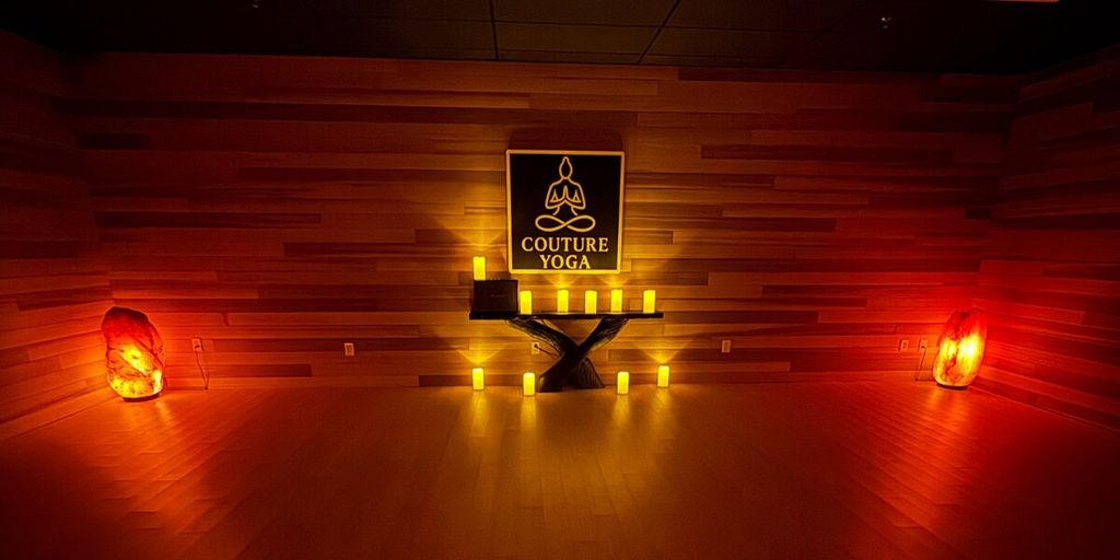 Meditation room at Couture Yoga Institute illuminated by candles and Himalayan salt lamps.