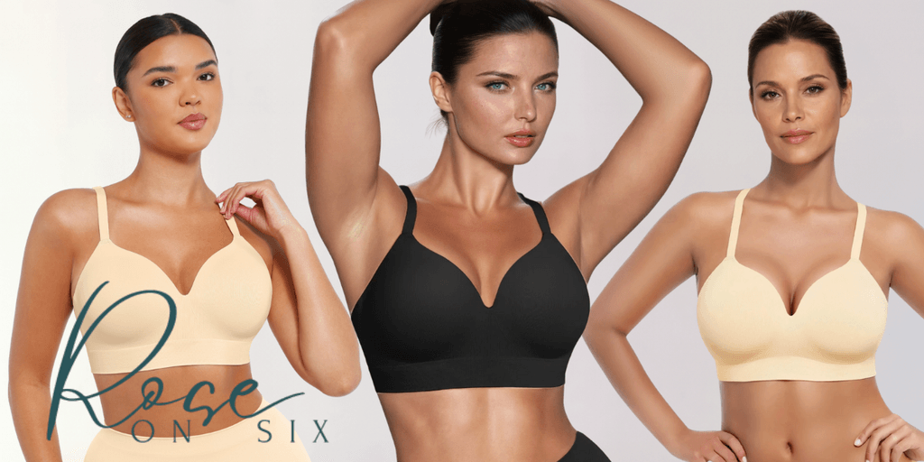 Three women modeling wire-free bras from Rose on Six, showcasing comfort and support in a variety of sizes.