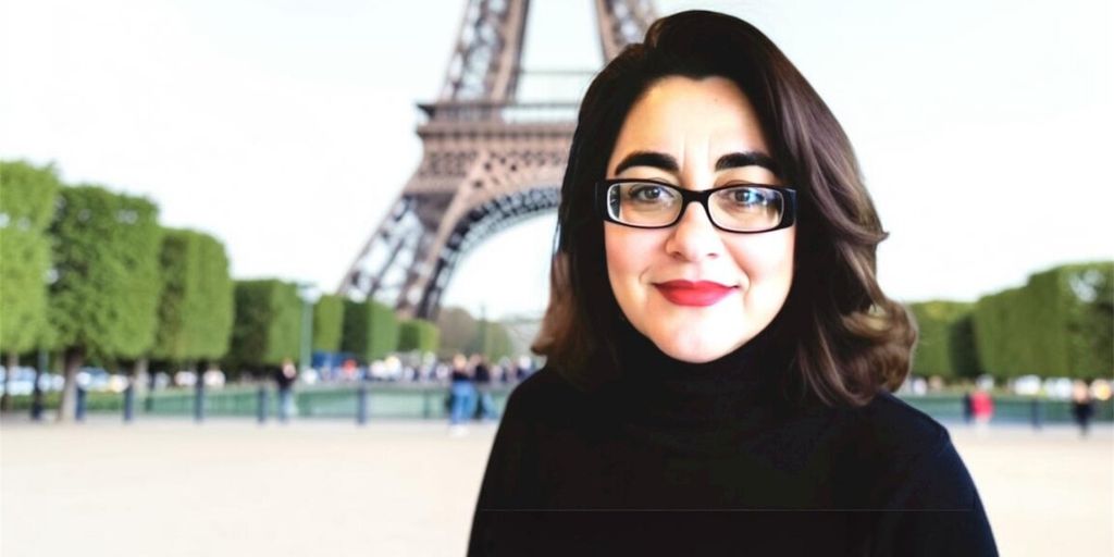Shadan Kapri, wearing glasses and a black top, stands in front of the Eiffel Tower during the Women Changing the World Summit.