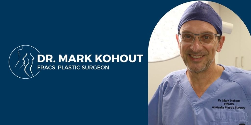 Dr. Mark Kohout in surgical scrubs beside Australia Plastic Surgery branding.