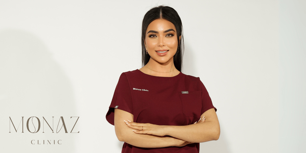 The image shows a luxurious aesthetic clinic with soft lighting, elegant white furniture, and subtle floral decor, creating a serene, upscale environment.
