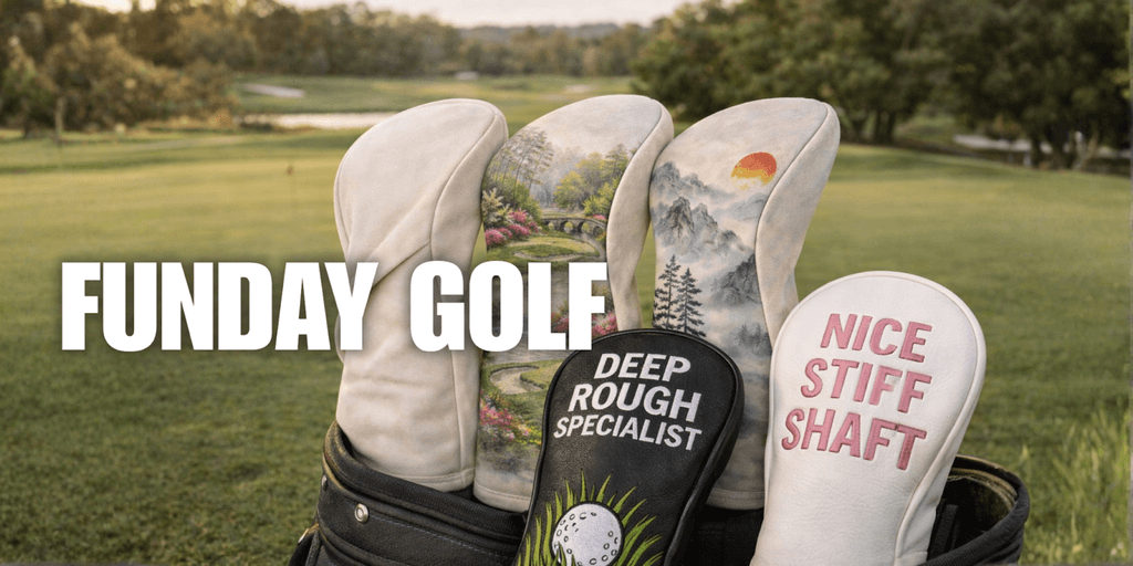 Golf bag with colorful novelty headcovers reading Deep Rough Specialist and Nice Stiff Shaft on sunny course, Funday Golf branding.