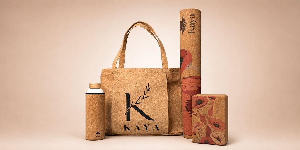 Kaya Eco Living cork yoga accessories including tote bag, yoga mat, water bottle, and storage case.