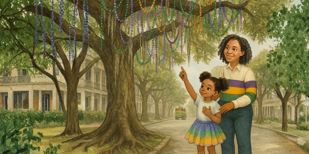 A mother and daughter admire Mardi Gras beads hanging from trees in New Orleans during Carnival season.