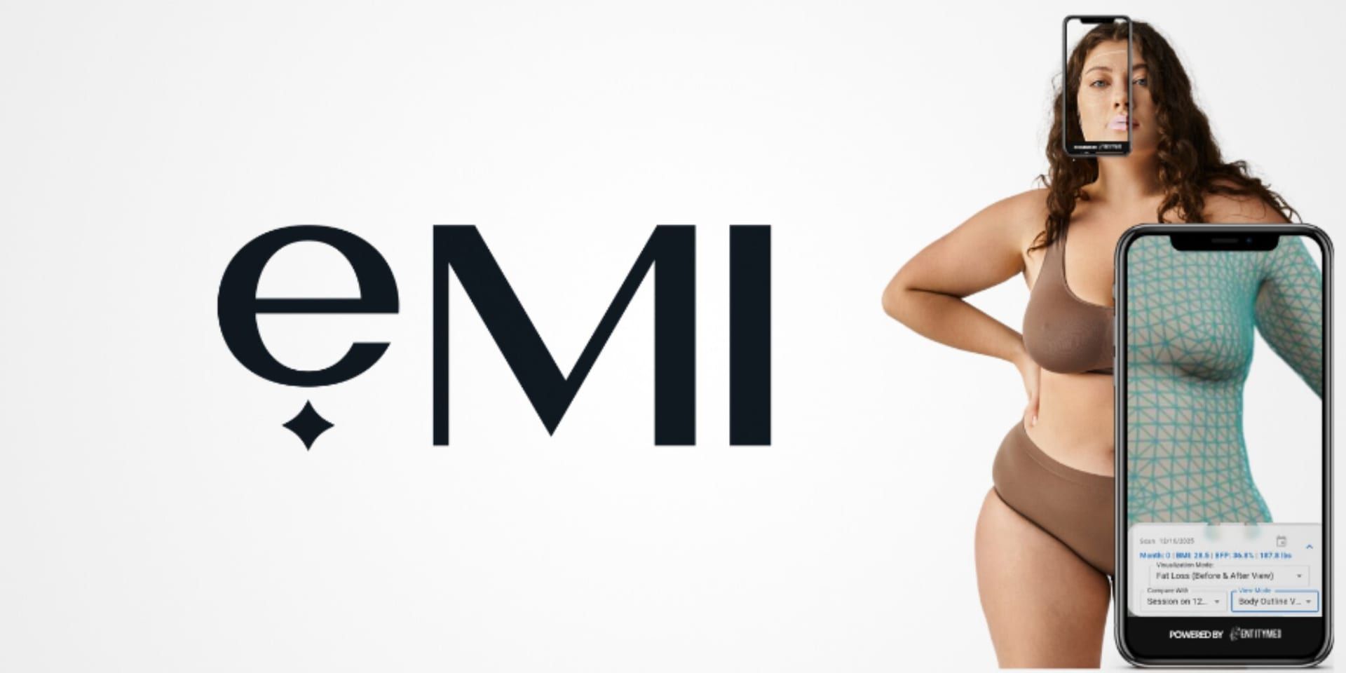 eMI logo beside a body visualization displayed on a smartphone.