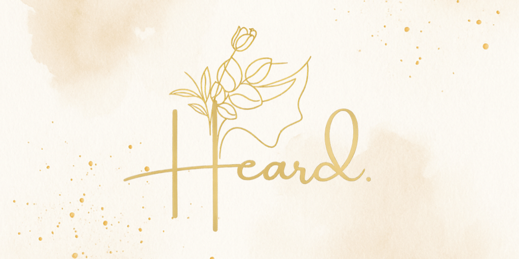 HEARD logo with minimalist floral line art in gold on a soft watercolor background.