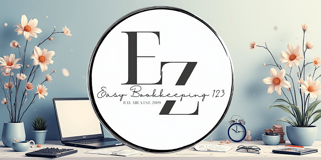 Easy Bookkeeping 123 logo with a calm, organized workspace symbolizing financial clarity and support.
