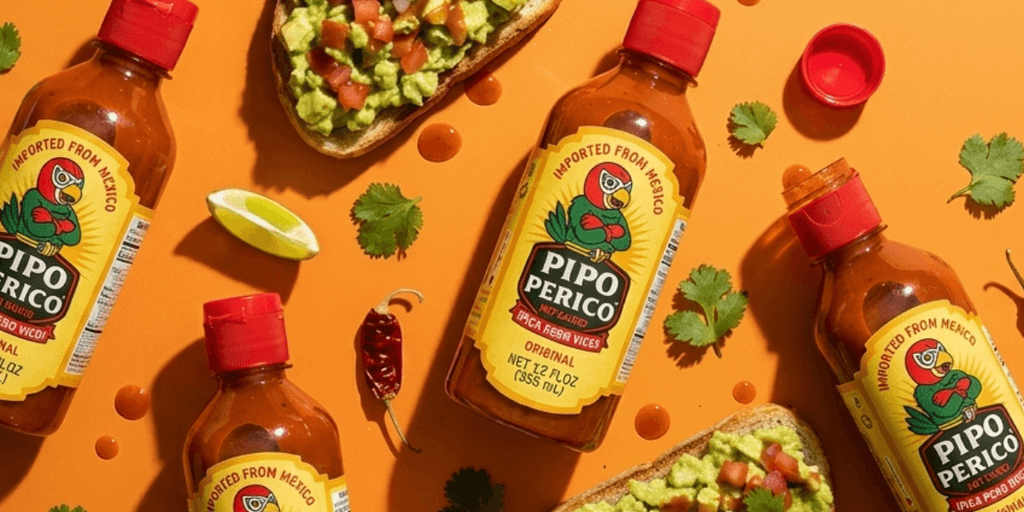 Pipo Perico hot sauce bottles with tacos, avocado toast, and Mexican-inspired ingredients on orange background.