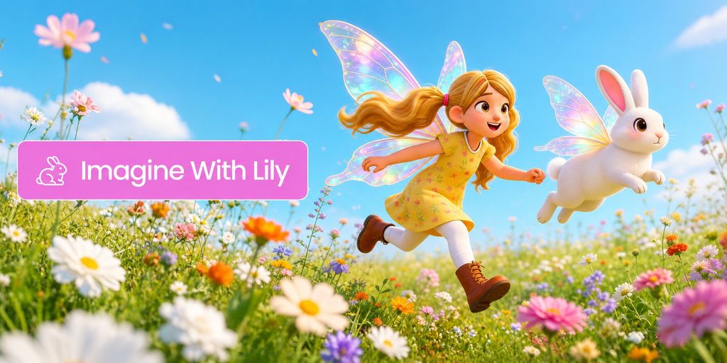 Fairy-winged Lily and a white rabbit run through a flower meadow, promoting Imagine With Lily and children's imagination.