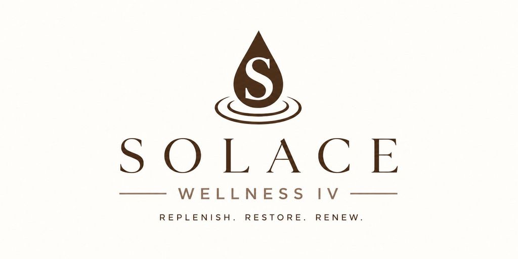 Solace Wellness IV logo with a stylized water droplet and the tagline "Replenish. Restore. Renew."