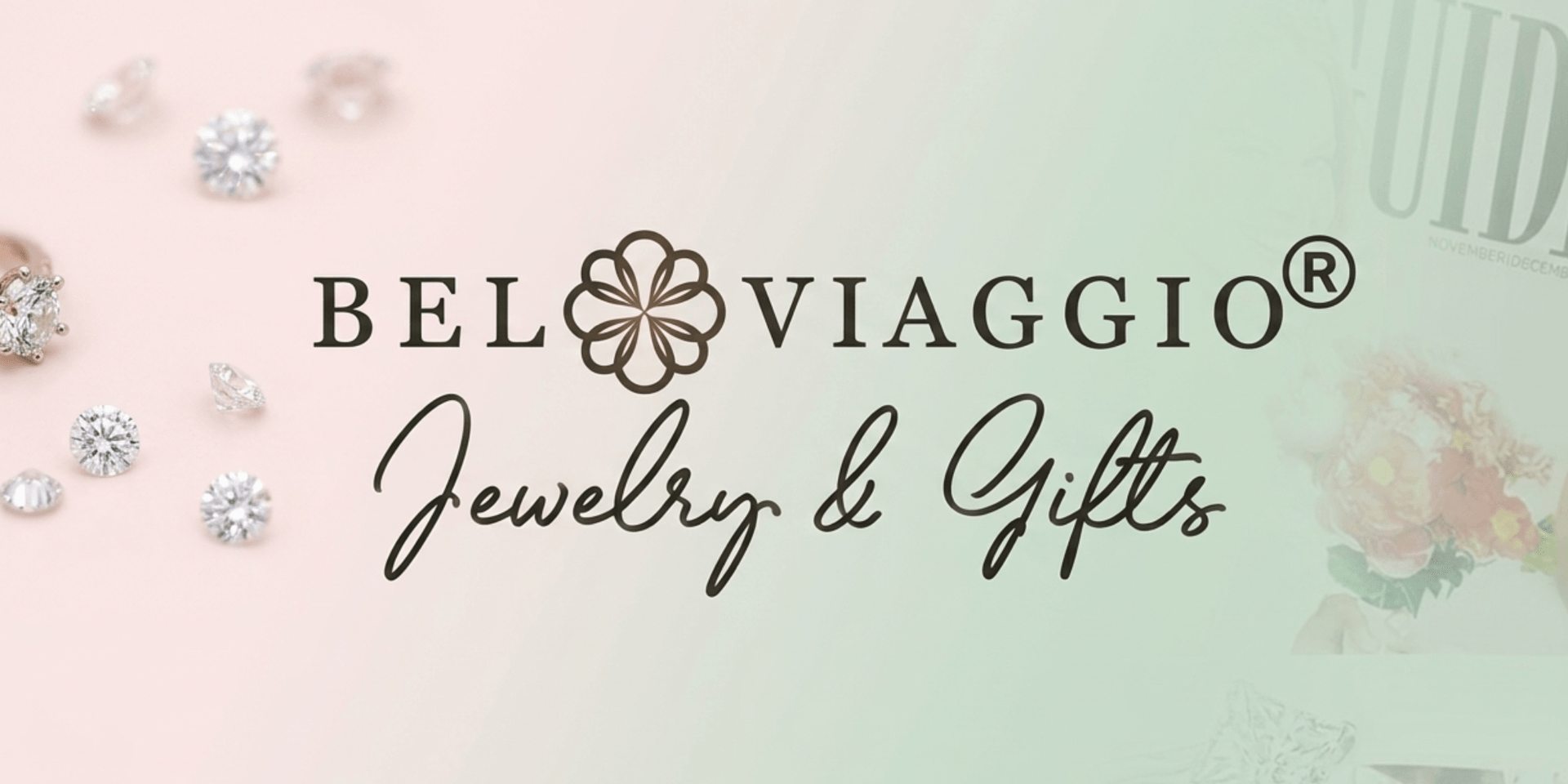 Bel Viaggio Jewelry & Gifts logo with diamonds on a soft pink and green background.