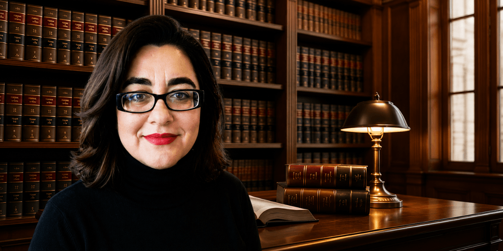 Shadan Kapri, human rights attorney and author, in a law library with books and a desk lamp.