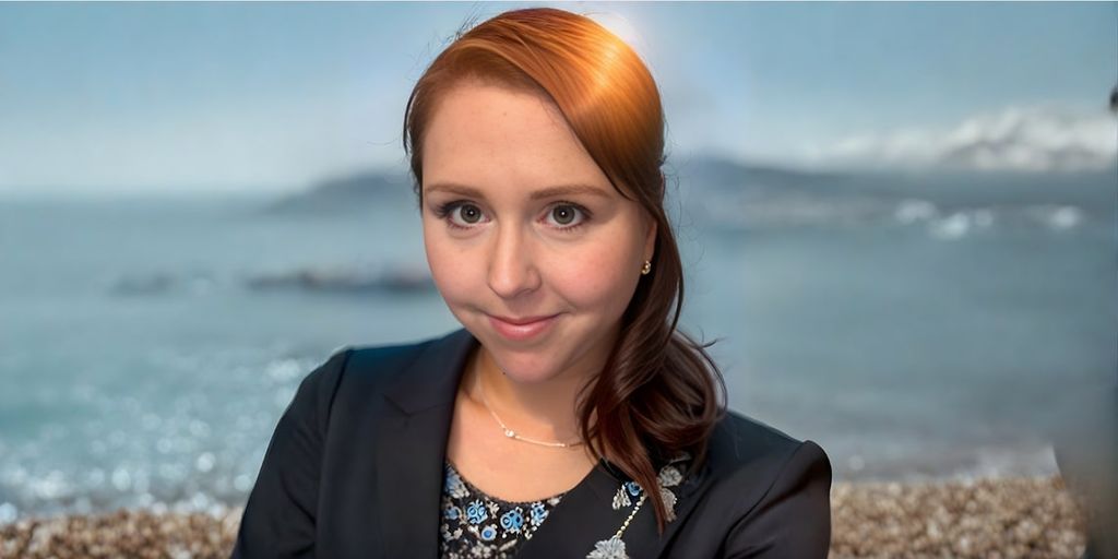 Professional portrait of Mel Schenker with auburn hair, a black blazer, and a serene ocean backdrop, exuding confidence.
