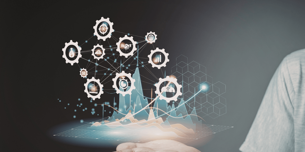 Digital innovation concept with connected business icons above an interactive analytics dashboard.