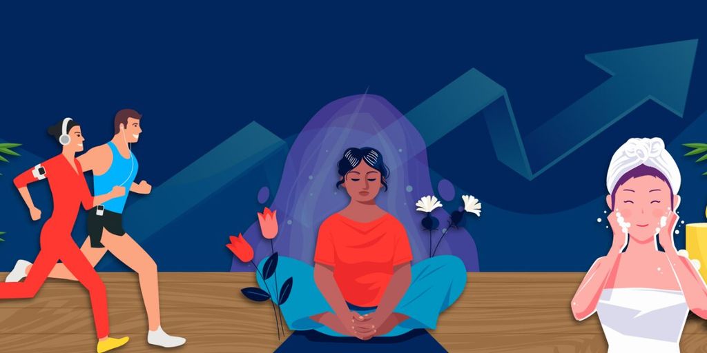 Illustration of exercise, meditation, and skincare connected by an upward arrow representing integrated wellness habits.
