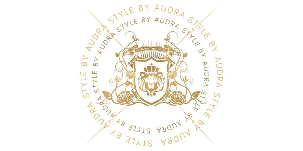 Logo of Style by Audra, featuring a crown, lion, roses, and the words 'Style by Audra' in elegant gold font.
