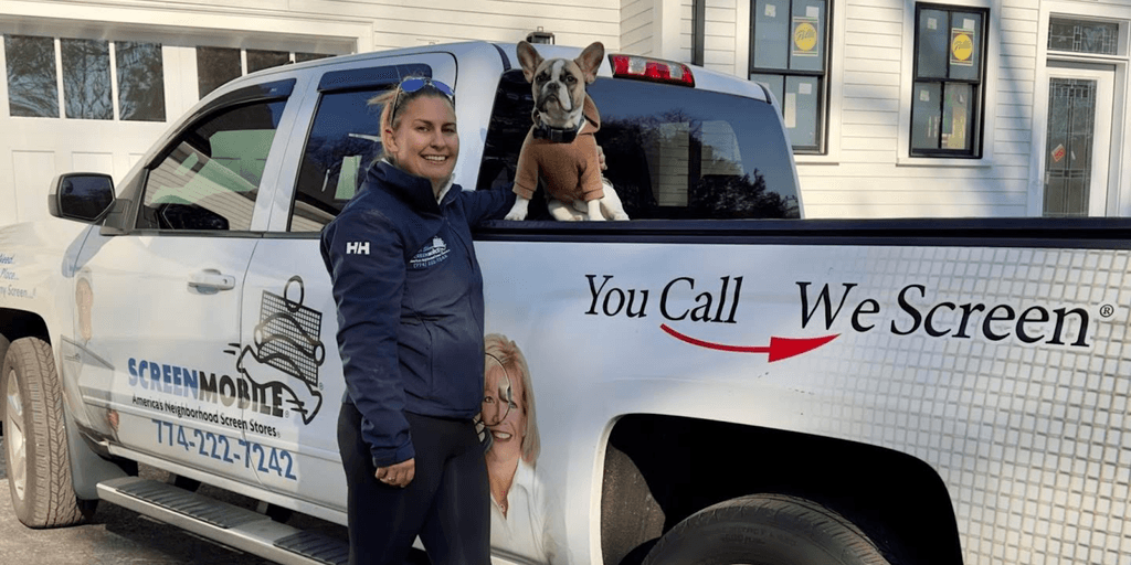 "Britney Nelson with her dog and ScreenMobile truck, offering custom outdoor living solutions in South Shore, MA."