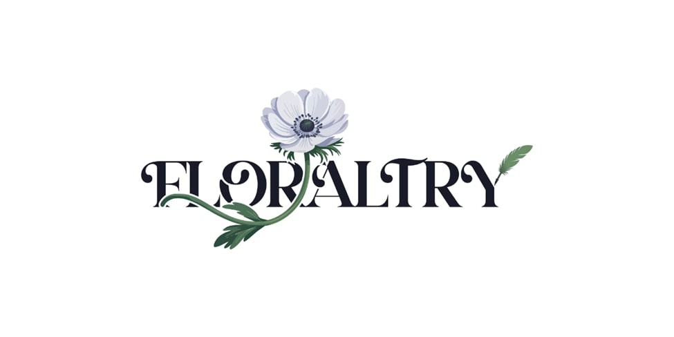 Floraltry's logo featuring a white Mistral Anemone flower intertwined with elegant lettering, symbolizing emotional gifting.