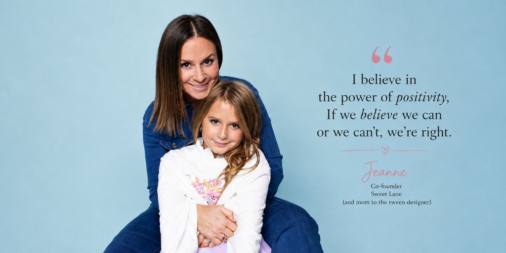 Mother hugs daughter beside quote about positivity, highlighting the family partnership behind Sweet Lane.