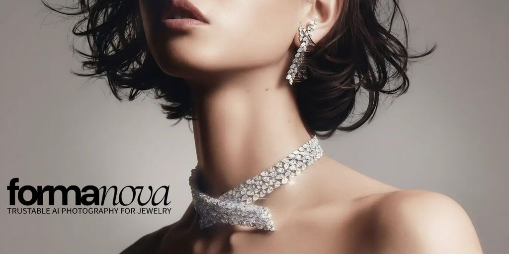 A close-up of a woman wearing an elegant diamond necklace and matching earrings, with an expression of sophistication. Hair is styled in loose waves.
