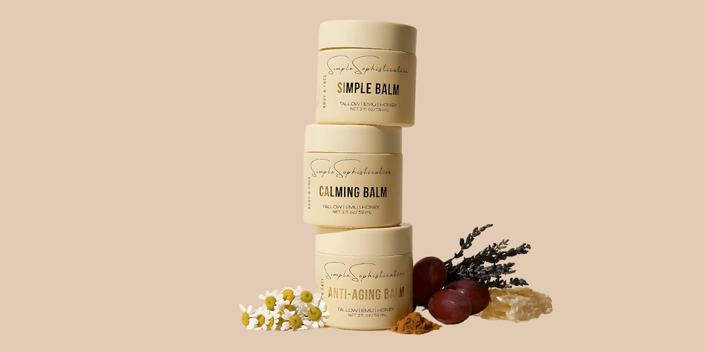 Simple Sophistication skincare products, including Simple Balm, Calming Balm, and Anti-Aging Balm, made with natural, nourishing ingredients like tallow.