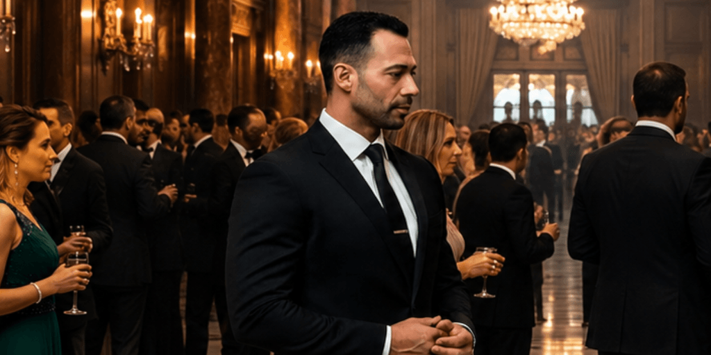 Simone Giaquinto in a black suit at a formal event surrounded by guests.