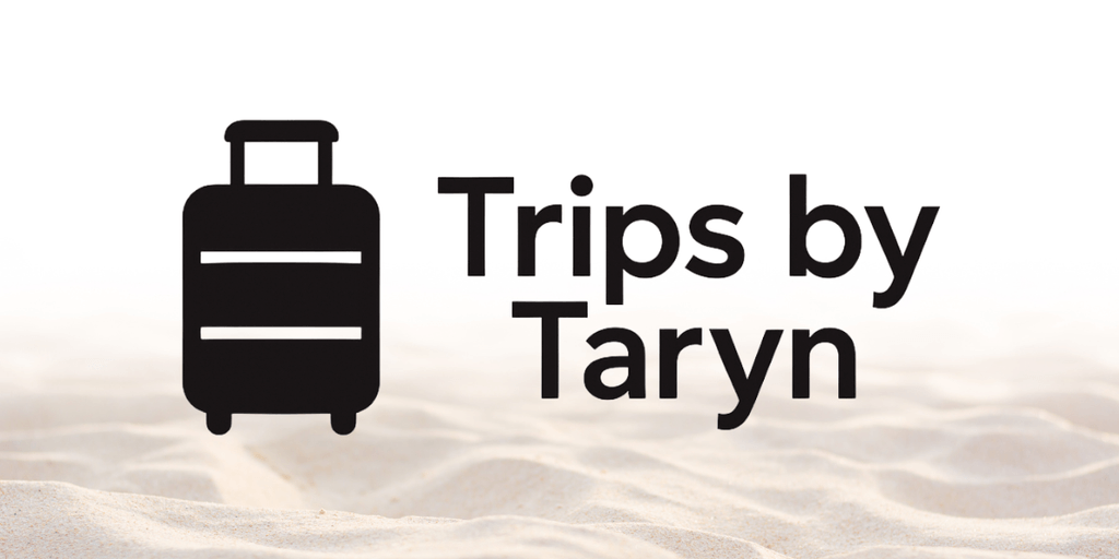 Trips by Taryn logo with a suitcase icon displayed over a sandy background.