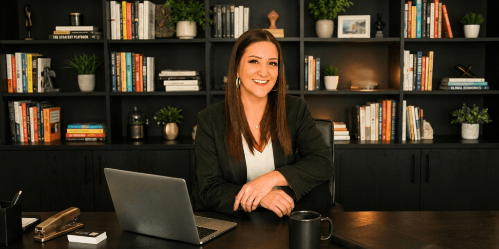 Hilary Russell seated at a desk with a laptop in front of bookshelves in an office.