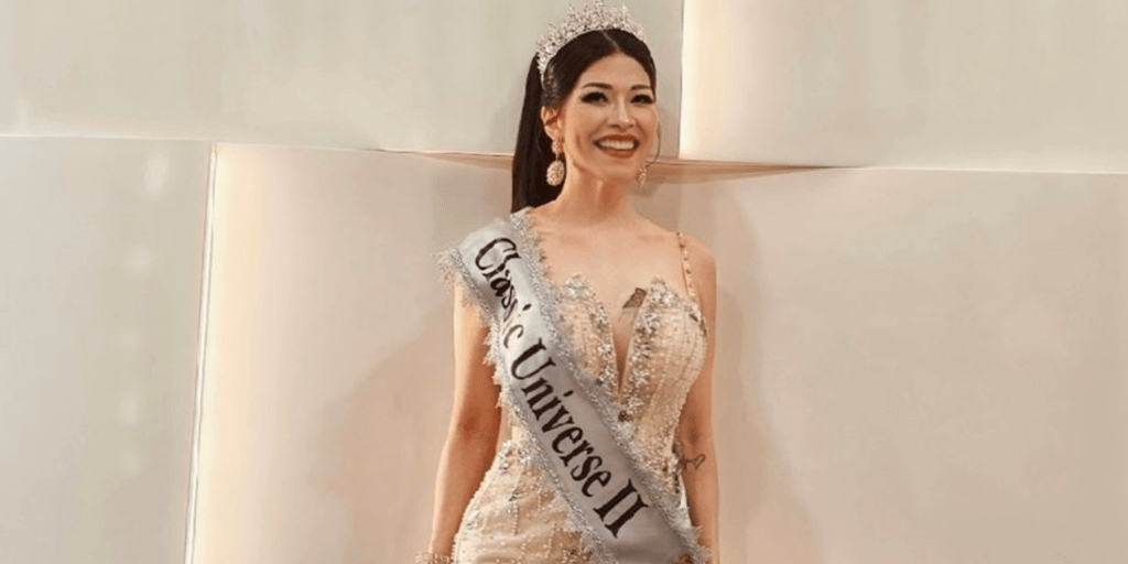 "Lillian Yeo, wearing a crown and sash, celebrates her achievements as a pageant titleholder and advocate for empowerment."