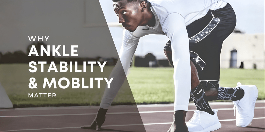 "Young athlete preparing for a sprint, highlighting the importance of ankle stability and mobility for injury prevention."