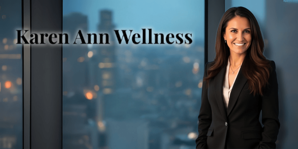 "Woman in a black suit with long brunette hair standing in front of a city skyline, with the text 'Karen Ann Wellness' overlaying the image."
