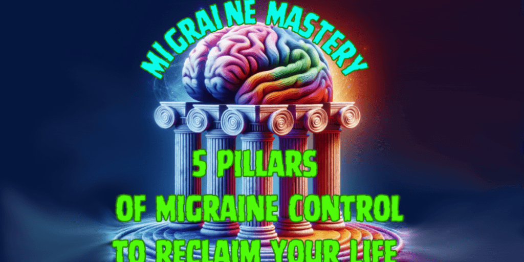 Migraine mastery, 5 pillars of migraine control to reclaim your life with brain and pillar imagery.