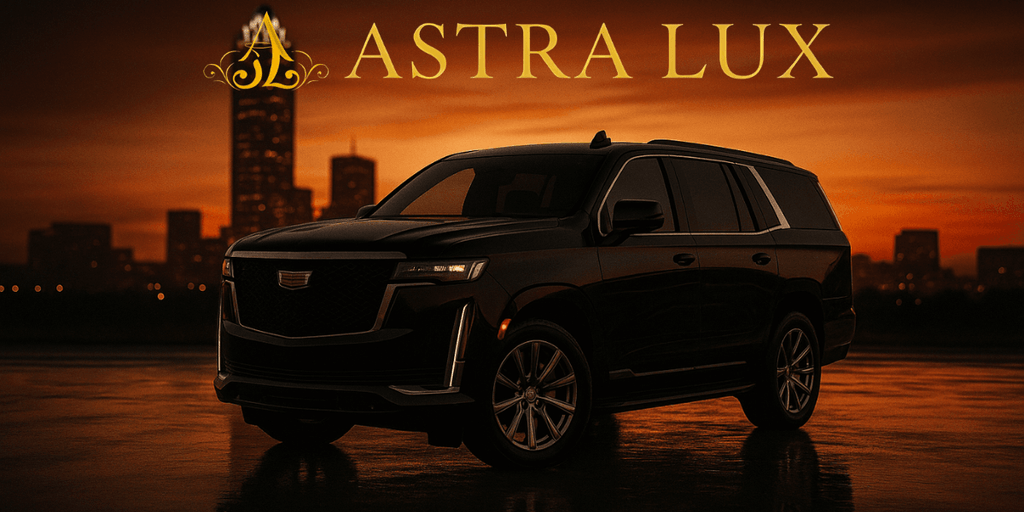 A luxurious black Cadillac SUV against a stunning sunset backdrop, showcasing the sleek design and elegance of Astra Lux's premium in-city rides. The vehicle is highlighted by the iconic city skyline, reflecting the exclusivity and sophisticated lifestyle that Astra Lux provides for high-end transport and social experiences.