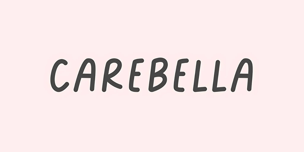 Carebella logo in playful handwritten-style font on a soft pink background, representing a feminine and caring brand identity.