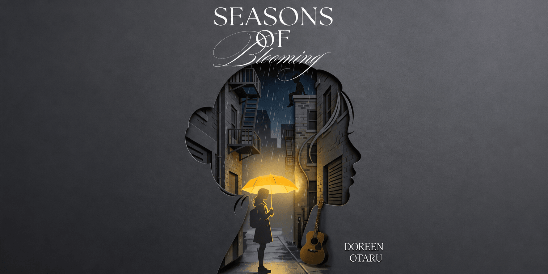 Book cover featuring a silhouette of a girl with an umbrella against a rainy background