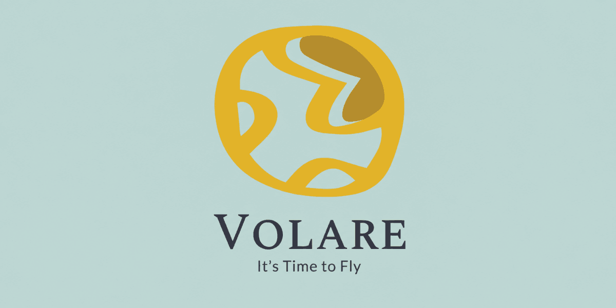Logo featuring a stylized yellow globe with the text "Volare It's Time to Fly"