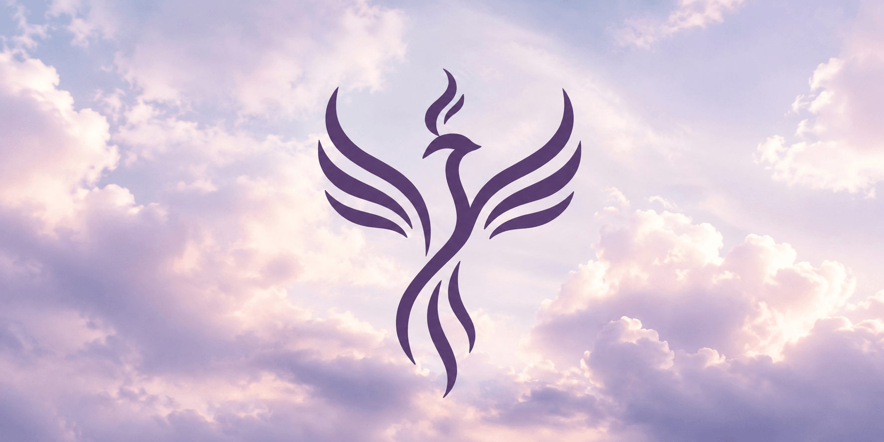 A stylized phoenix rising, surrounded by soft clouds and pastel skies.