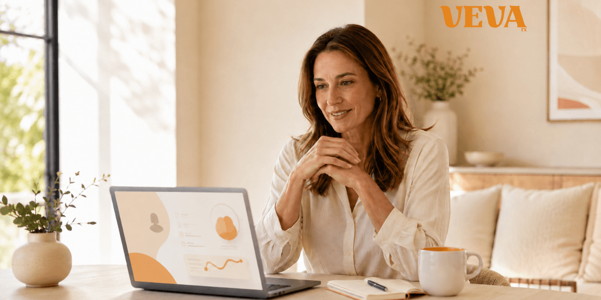 Woman sitting at a desk with a laptop, smiling and engaging in a virtual meeting