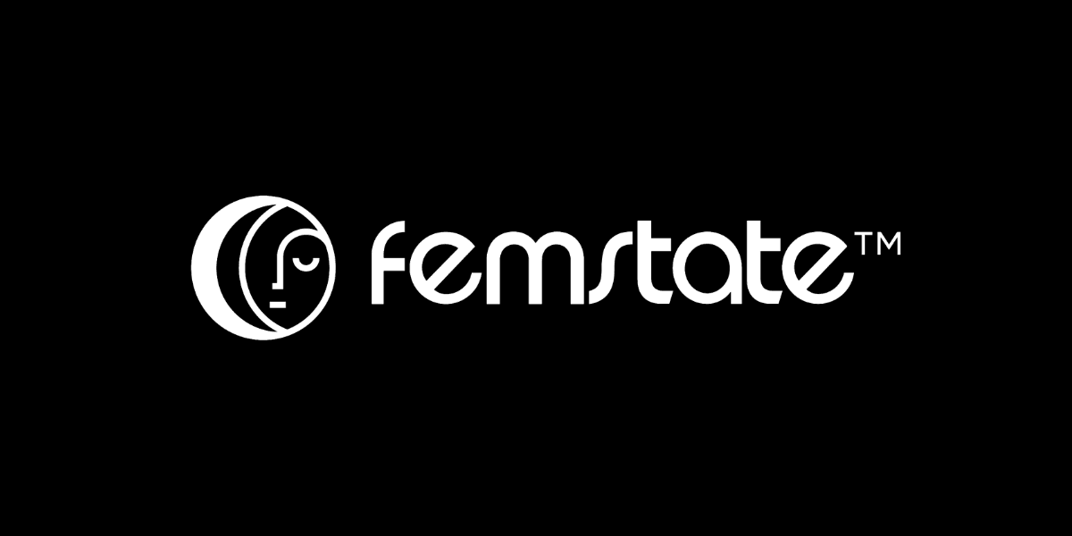 Logo for femstate with a stylized face and modern typography on a black background
