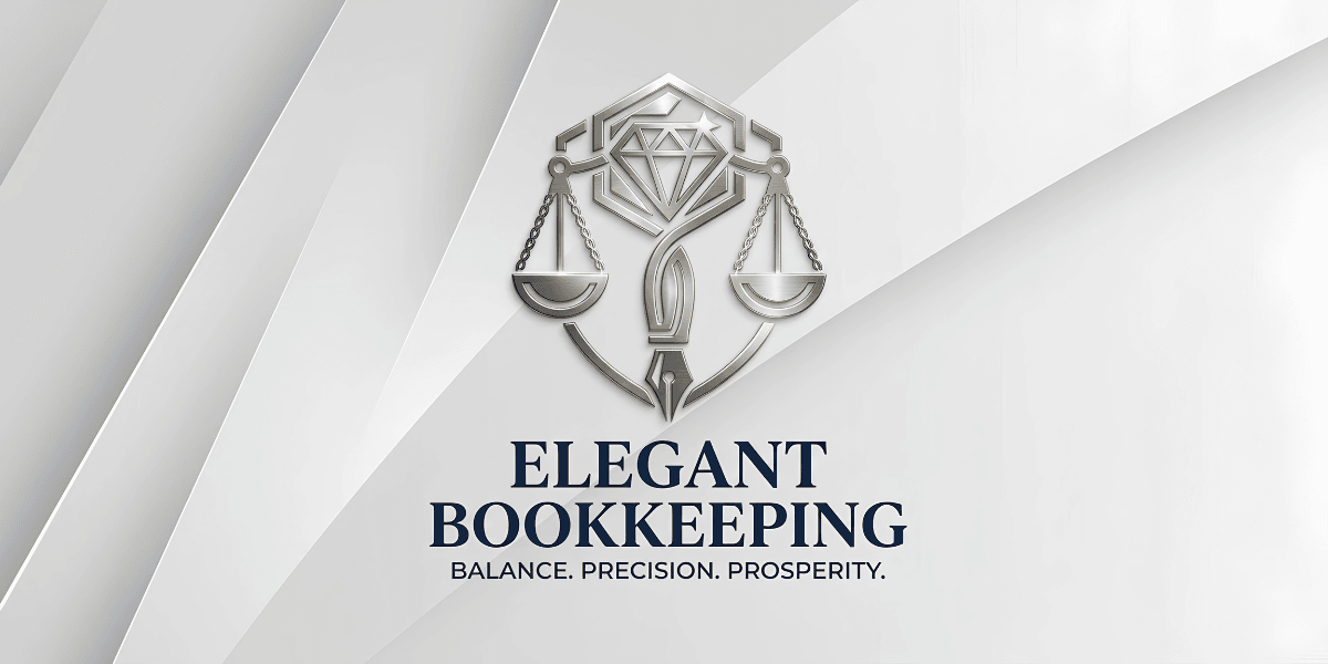 Logo for Elegant Bookkeeping featuring scales, a diamond, and a feather quill.