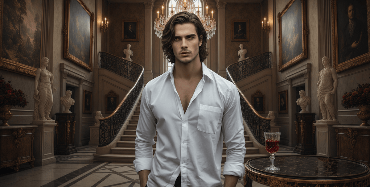 A man in a white shirt stands in an elegant mansion with a grand staircase